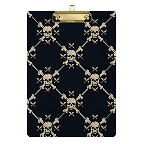 Golden Pirat Skulls Schwarz Acryl Klemmbrett A4 12,5 x 9 Zoll mit Clip PVC Klemmbretter für Frauen Mädchen Büro Aktenordner Ärzte Outdoor Skizzieren von Wudan