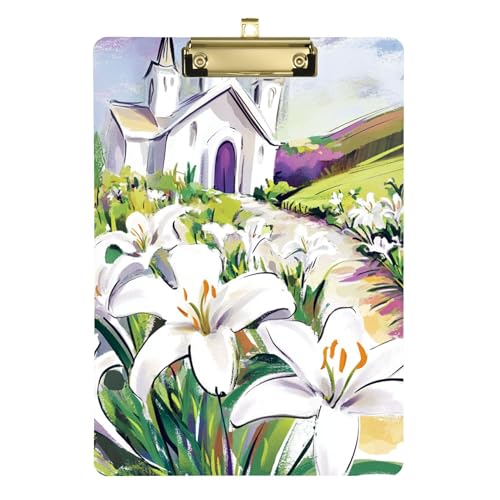 Klemmbrett-Ordner "Kirche mit weißen Lilien" für Ostern, A4, 31,8 x 22,9 cm, Metall-Klemmbretter mit niedrigem Profil-Clip für Sozialarbeiter, Coaching, Handel von Wudan