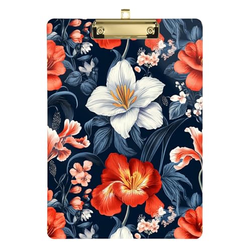 Klemmbrett mit Blumenlilie, Geranie, Marineblau, A4, 31,8 x 22,9 cm, Ordner-Klemmbrett mit niedrigem Profil-Clip für Sozialarbeiter, Büro, Meeting von Wudan