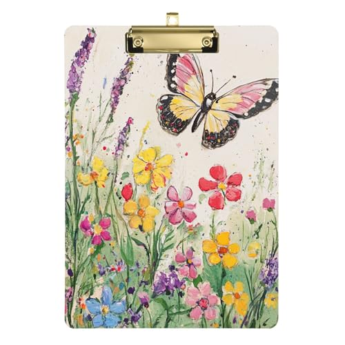 Klemmbrett mit Schmetterlingen, bunte Blumen, A4, 31,8 x 22,9 cm, Kunststoff-Klemmbrett mit flachem Profil-Clip für Trainer, Büro, Dokumenten-Organizer von Wudan