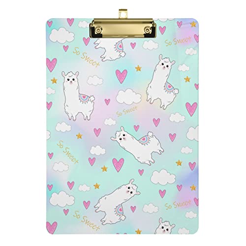 Niedlicher Lama-Stern, Kawaii-Herzen, Wolke, A4, 31,8 x 22,9 cm, mit Metallclip, PVC-Klemmbretter für Studenten, Kinder, Büro, Aktenordner, Krankenschwestern, Outdoor-Skizzieren von Wudan