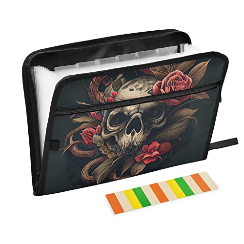 Skull Roses and Snake American Retro Fächermappe 13 Fächer A4 Papier Dokument Organizer Ordner mit Reißverschluss für Büro Lehrer Studenten Bibliothekar Krankenschwester Geschenke von Wudan