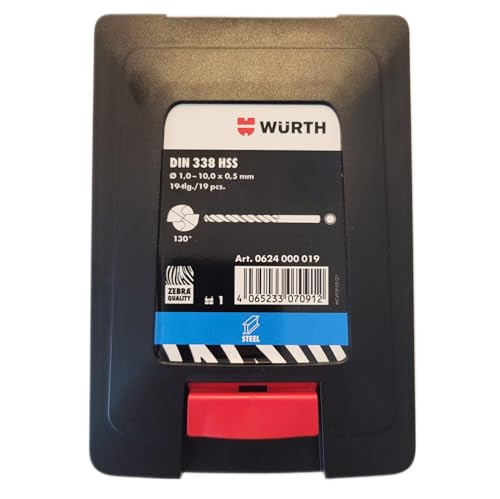 Würth Metalbohrer Set Ø 1,0-10,0 x 0,5 mm, HSS DIN 338 Typ RN 130° 19-tlg, Spiralbohrer Sortiment, ZEBRA-Premium von Würth