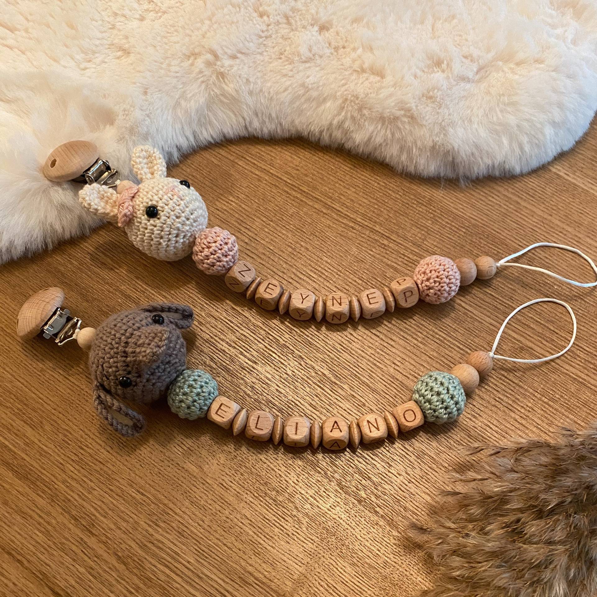 Schnullerkette Personalisiert Hase, Elefant, Baby, Geschenk, Geburt von WunderherzchenbyAnja