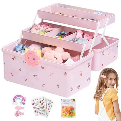 Wusideday Süße Schmuckschatulle für kleine Mädchen, 3-lagige Kinder-Schmuck-Aufbewahrungsbox – Aufbewahrungsbox für Haar-Accessoires, rosa Bastelorganizer tragbare Aufbewahrungsbox von Wusideday