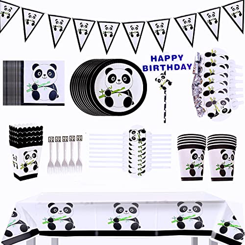 121Pcs Panda Kinderparty Dekoration, Panda Einweggeschirr Set ,Panda Teller Tassen Servietten Strohhalme Panda Banner Tischdecke Popcorn Boxen Cake Topper Dragon Blowing für Babyparty Dekorationen von Wuudi