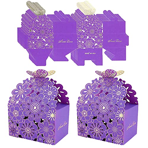 Geschenkschachtel Papier Klein, 50 Pcs Hochzeit Geschenkbox für Gäste, Schmetterling Hochzeit Geschenkbox, Geschenkboxen Lila, Papier Süßigkeiten Kasten für Hochzeits Party Weihnachten, 7*6,5*8,5 cm von Wuuooei