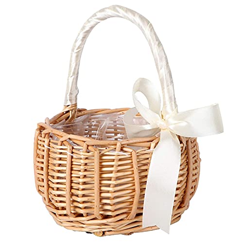 Rattan Korb Hochzeit, Blumenkorb Hochzeit Blumenkinder, Weidenkorb mit Henkel Geflochten, Körbe für Blumenmädchen, Blumenkorb Rattan mit Schleife für Hochzeit Tischdeko Zuhause Garten Party Dekoration von Wuuooei