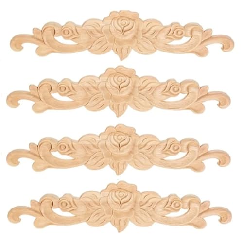 4 Stück unlackierte lange Holzschnitzerei-Applikation, elegantes Rosen-Design, dekoratives Eck-Schnitz-Aufkleber-Set für Wand, Tür, Schrank, Spiegel, DIY-Projekt, 5 Größen (20 x 5 cm) von Wuyangcun