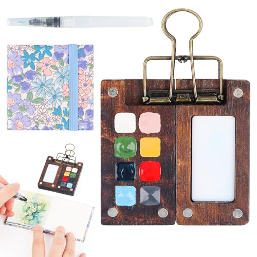 Skizzenbuch Palette Set 8 Grids Mini Holz Reise Malpalette Malkasten, Mini-Reise Aquarell Gouache Acrylmalerei Kommen mit Aquarellpapier Journal, Aquarellpinsel Stifte und Clip von Wvu & Wvo