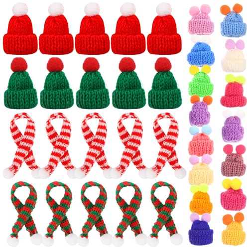 Wvu & Wvo 40 Stück Mini Weihnachtsmütze, Mini Weihnachtsmütze und Schal Set, Mini-Strickmütze des Weihnachten für DIY Weihnachten Handwerk、Puppenhaus、Holzperlen mit Gesicht von Wvu & Wvo