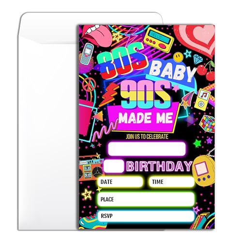 B004 Geburtstagsparty-Einladung zum 80er-Jahre-B004 "Back To The 90s Back To The 90s Neon Party Birthday Einladung mit Umschlägen für Frau Mann Party Einladungskarten 10,2 x 15,2 cm von Wybgno