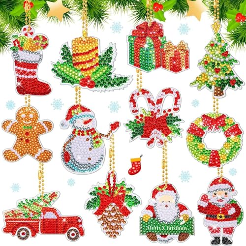 Wybtbm 5D Diamond Painting Weihnachten Anhänger Kinder Weihnachtsmann Schlüsselanhänger Doppelseitige Schneemann Diamant Malerei DIY Kit Weihnachtsbaum Deko 12 Set von Wybtbm