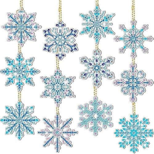 Wybtbm Diamond Painting Weihnachten 5D Schneeflocke Deko Diamond Painting Anhänger Schlüsselanhänger Weihnachtsbaum Fenster Hängend Winter Dekor Ornamente Strass Malerei Kit DIY 12 Set von Wybtbm