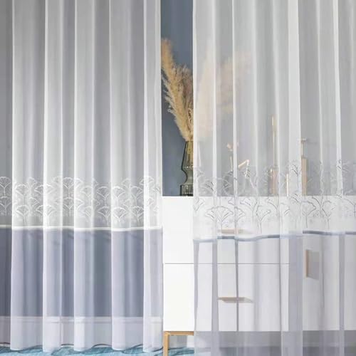 Fenstergardinen Kurz Modern Kurzgardine 2er Set Weiß Voile Fächer Bestickt H115 x B86 cm (2er Pack) Polyester von Wycian