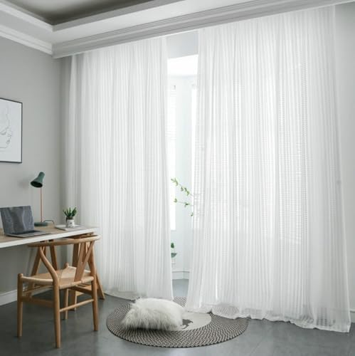 Fenstergardinen Kurz Wohnzimmer Kurzgardine 2er Set Weiß Voile Blätter Jacquard H115 x B86 cm (2er Pack) Polyester von Wycian