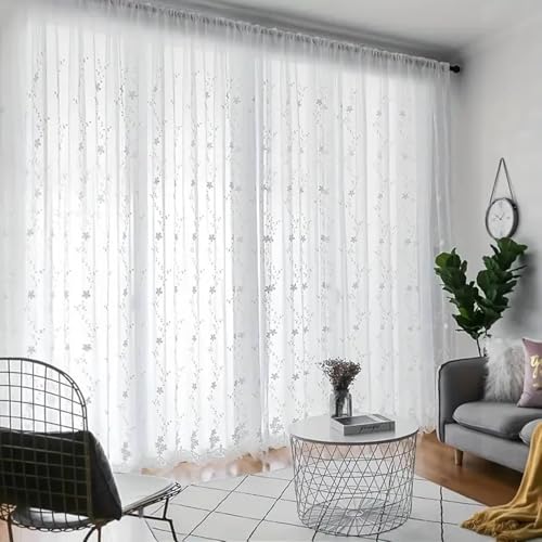 Gardine Kurz Kurzgardine 2er Set Weiß Voile Transparent mit Blumenstickerei H115 x B86 cm (2er Pack) Polyester von Wycian