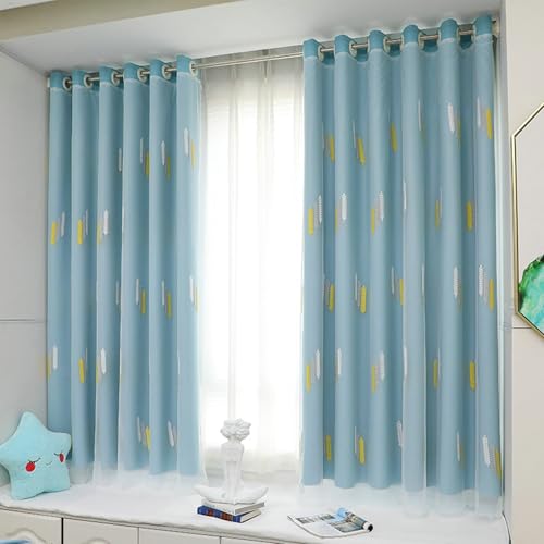 Gardine Kurz Wohnzimmer Kurzgardine Verdunkelung Blau 2er Pack Weizen Bestickte Doppelschicht H115 x B132 cm (2er Pack) Tuch von Wycian