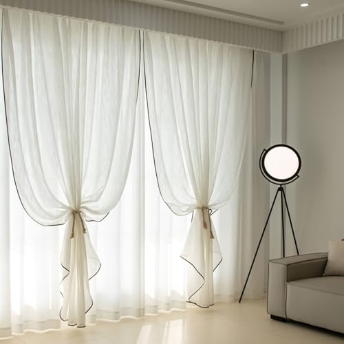 Gardinen Kurz Fenster Wohnzimmer Kurzgardine 2er Set Milchig Weiß Voile Einfache Struktur mit Schwarzem Rand H115 x B132 cm (2er Pack) Polyester von Wycian