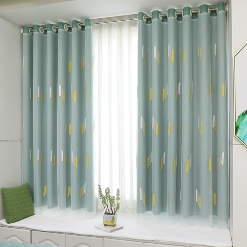 Gardinen Kurz Fenster Wohnzimmer Kurzgardine Verdunkelung Mintgrün 2er Pack Weizen Bestickte Doppelschicht H115 x B86 cm (2er Pack) Tuch von Wycian