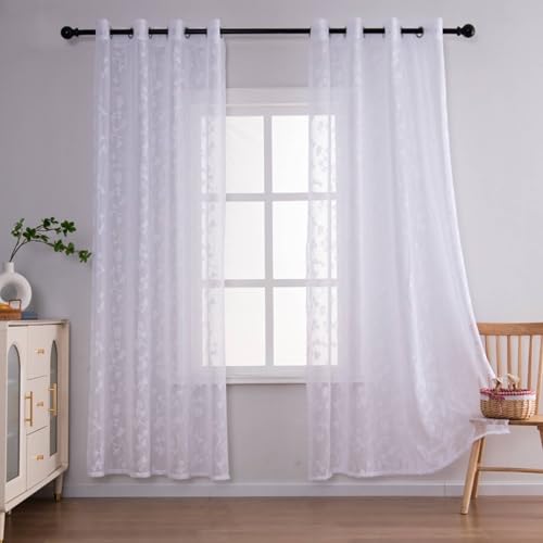 Vorhänge Kurze Fenster Kurzgardine 2er Set Weiß Voile Spitze mit Ginkgoblattranke H100 x B140 cm (2er Pack) Polyester von Wycian