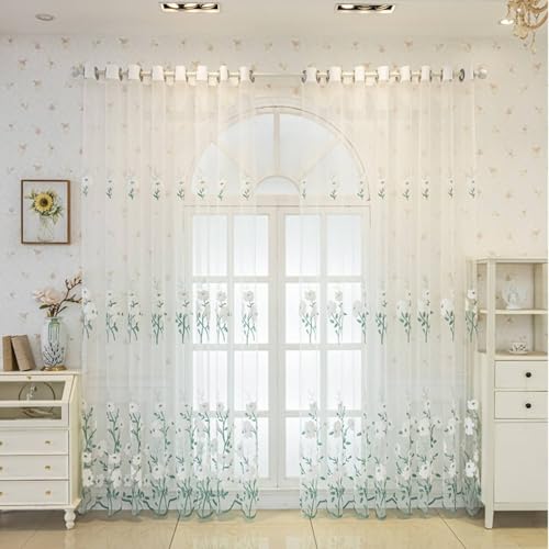 Vorhang Deko Makramee Vorhang Fenster Grün Weiß Voile 2er Pack mit Häkelblume H244 x B137 cm (2er Pack) Polyester von Wycian