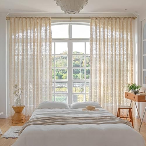 Wycian Gardine Kurz Landhaus Kurzgardine 2er Set Beige Voile Einfaches Muster H115 x B96 cm (2er Pack) Polyester von Wycian