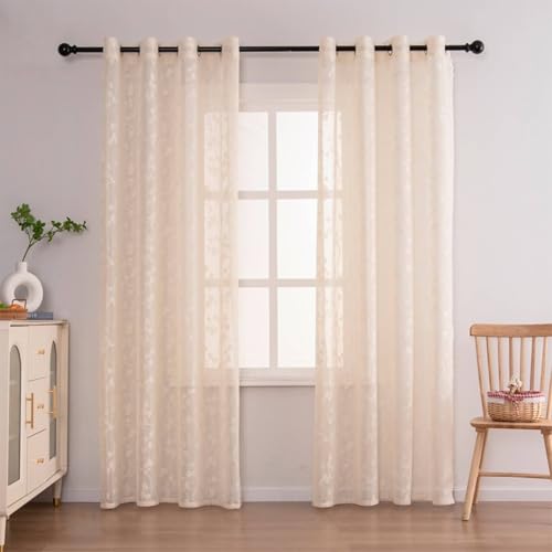 Wycian Gardine Kurz Landhaus Kurzgardine 2er Set Beige Voile Spitze mit Ginkgoblattranke H100 x B140 cm (2er Pack) Polyester von Wycian