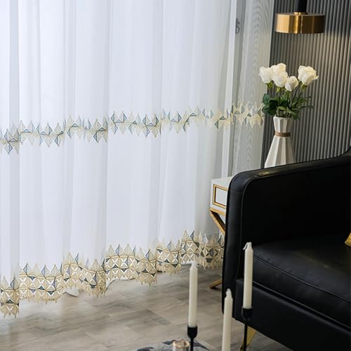 Wycian Gardinen Kurz Wohnzimmer Modern Kurzgardine 2er Set Beige Voile Raute Bestickt H115 x B86 cm (2er Pack) Polyester von Wycian