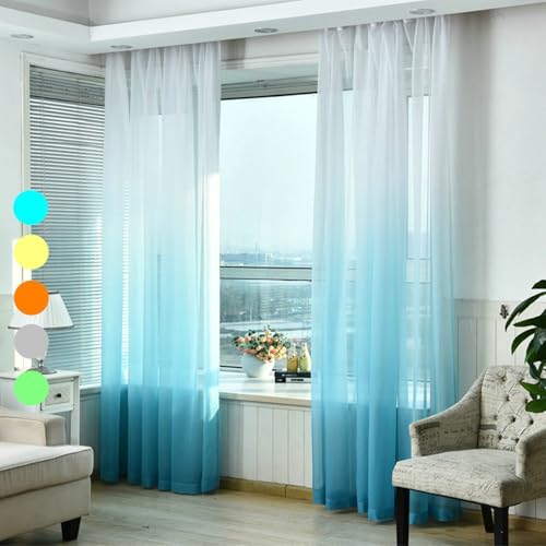 Wycian Kurzgardine Gardinen Kurz 2 Pack Blau Voile Farbverlauf H115 x B96 cm (2er Pack) Gaze Gardinen Wohnzimmer Modern von Wycian