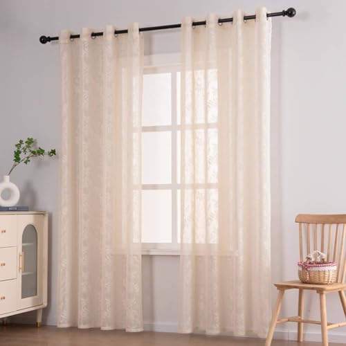 Wycian Kurzgardine Landhausstil Gardinen Kurz 2 Pack Beige Voile mit Blättermuster H100 x B140 cm (2er Pack) Polyester von Wycian