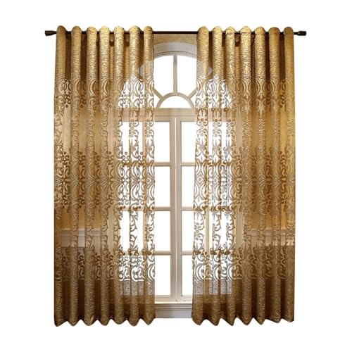 Wycian Kurzgardine Landhausstil Kurzgardine 2er Set Gold Voile mit Europäischem Stickerei-Blumenmuster H115 x B86 cm (2er Pack) Garne von Wycian