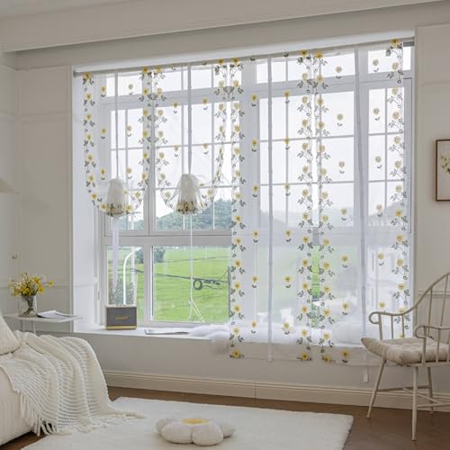 Wycian Kurzgardine für Schlafzimmer Kurzgardine 2er Set Weiß Gelb Voile Transparent mit Sonnenblumenmuster H115 x B96 cm (2er Pack) Polyester von Wycian