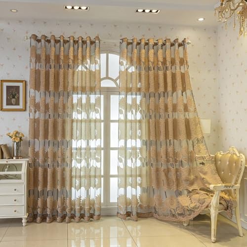 Wycian Kurzgardine für Wohnzimmer Kurzgardine 2er Set Hellbraun Voile mit Sonnenblumenmuster H115 x B86 cm (2er Pack) Polyester von Wycian