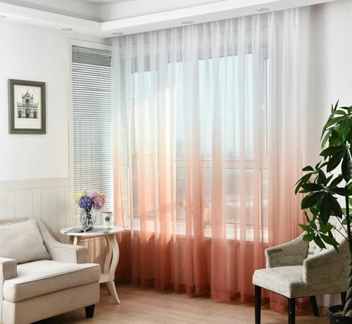 Wycian Kurzgardinen Kurzgardine 2er Set Orange Rot Voile Farbverlauf H115 x B96 cm (2er Pack) Gaze von Wycian