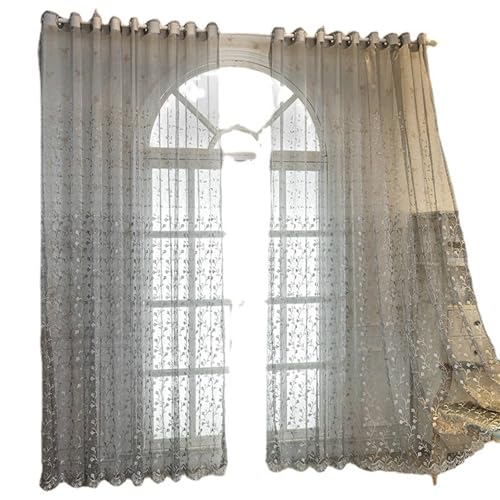 Wycian Vorhänge Kurz Fenster Kurzgardine 2er Set Grau Voile mit Blumenranken Bestickt H115 x B107 cm (2er Pack) Polyester von Wycian