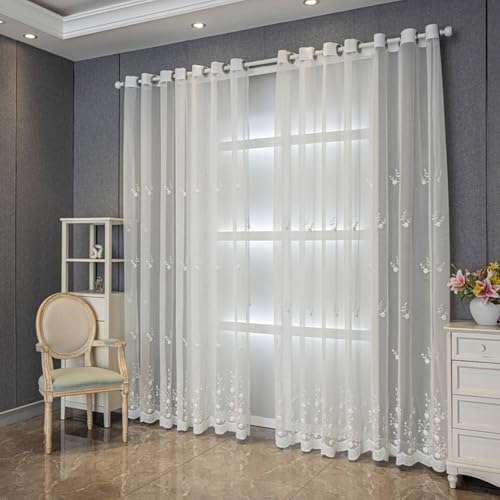 Wycian Vorhänge Kurz Fenster Kurzgardine 2er Set Transparent Voile Transparent mit Blumenmuster H115 x B132 cm (2er Pack) Polyester von Wycian