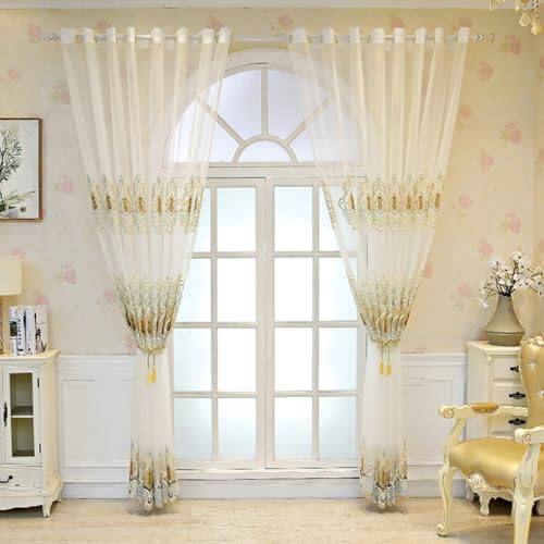 Wycian Vorhänge Kurz Küche Kurzgardine 2er Set Beige Voile Blumen Bestickt H115 x B132 cm (2er Pack) Polyester von Wycian