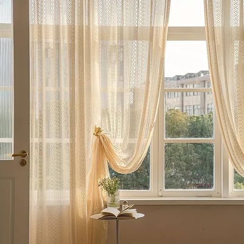 Wycian Vorhänge Kurz Landhausstil Kurzgardine 2er Set Beige Voile Einfache Textur H115 x B86 cm (2er Pack) Polyester von Wycian