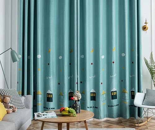 Wycian Vorhänge Kurz Wohnzimmer Kurzgardine Verdunkelung Grün 2er Pack Stern-Mond-Haus-Muster H115 x B86 cm (2er Pack) Polyester von Wycian