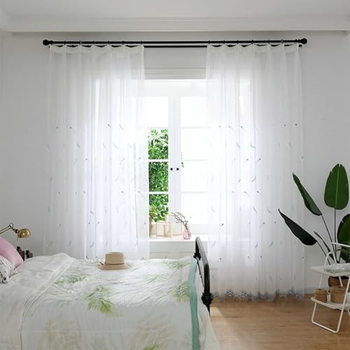 Wycian Vorhänge Kurze Fenster Kurzgardine 2er Set Blau Voile Feder Bestickt H115 x B132 cm (2er Pack) Polyester von Wycian