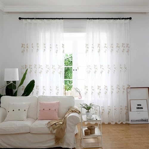 Wycian Vorhang Kurz Kurzgardine 2er Set Beige Voile Blätter Gestickt H115 x B107 cm (2er Pack) Baumwolle Polyester von Wycian