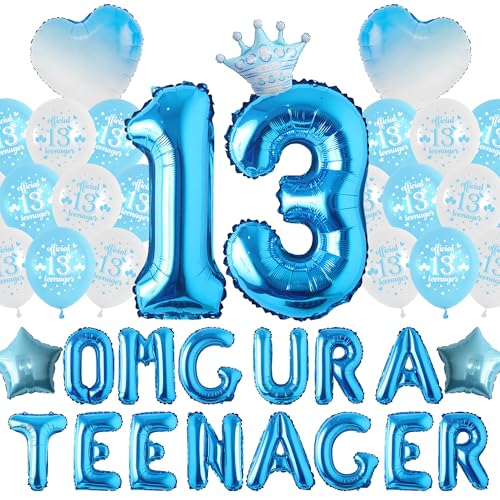 13 Geburtstag Dekorationen für Jungen Mädchen - Blau Luftballons Omg Ur a Teenager Banner, Herz Krone Nummer 13 Folienballon für Teen Boy 13th Party Supplies von Wylario