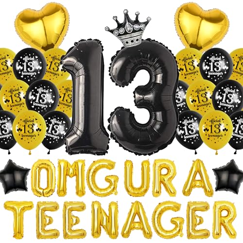 13 Geburtstag Dekorationen für Jungen Mädchen - Schwarz Gold Luftballons Omg Ur a Teenager Banner, Herz Krone Nummer 13 Folienballon für Teen Boy 13th Party Supplies von Wylario