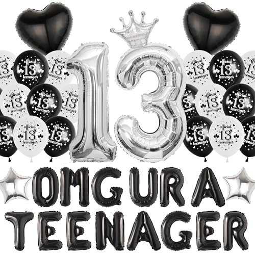 13 Geburtstag Dekorationen für Jungen Mädchen - Schwarz Silber Luftballons Omg Ur a Teenager Banner, Herz Krone Nummer 13 Folienballon für Teen Boy 13th Party Supplies von Wylario