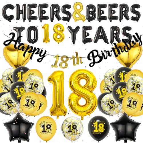 18 Geburtstag Dekorationen für Männer - Schwarz Gold Party Dekoration Set 18 Zeichen Ballon Happy Birthday Banner Prost Bier bis 18 Jahre Folienballons für 18 Jahre Alt Geburtstag Party Supplies von Wylario