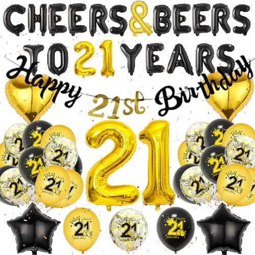 21. Geburtstag Dekorationen für Männer – Schwarz Gold Party Dekoration Set 21. Schild Ballon Happy Birthday Banner Cheers Beers to 21 Years Old Birthday Party Supplies von Wylario