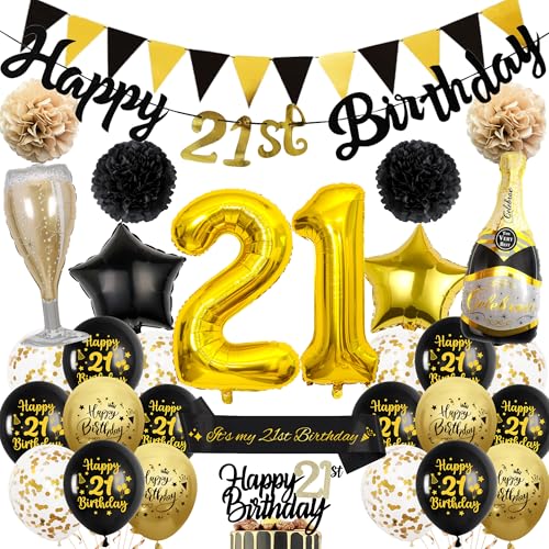 21. Geburtstag Dekorationen für Sie Ihn - Happy 21st Birthday Banner mit Papier Pom Konfetti Latex Ballons, Schwarz Gold Stern Folienballon Schärpe Kuchen Topper für 21 Jahre alte Party Dekor von Wylario