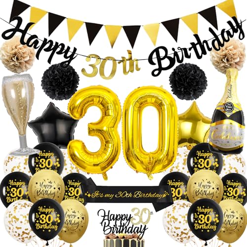 30 Geburtstag Dekorationen Männer Frauen - Happy 30th Birthday Banner mit Papier Pom Konfetti Latex Luftballons, Schwarz Gold Stern Folienballon Schärpe Kuchen Topper für 30 Jahre Alt Party Dekor von Wylario