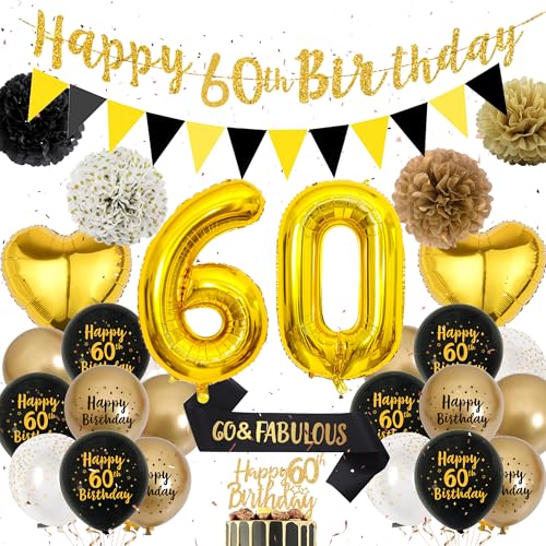 60 Geburtstag Dekorationen für Männer - Schwarz Gold Geburtstag Party Dekoration Set 60 & Fabulous Schärpe Happy 60th Birthday Banner Luftballons Kuchen Topper Papier Pom Poms für 60 Jahre Alt Party von Wylario